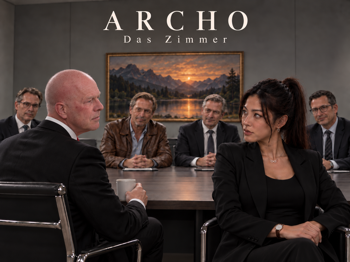 KI-generierte ARCHO-Kachel Das Zimmer: Robby mit einer Kaffeetasse und Romy tauschen einen Blick aus. Ihnen gegenüber sitzen vier Männer, einer in brauner Lederjacke, vor einem kitschigen Bergsee-Bild.