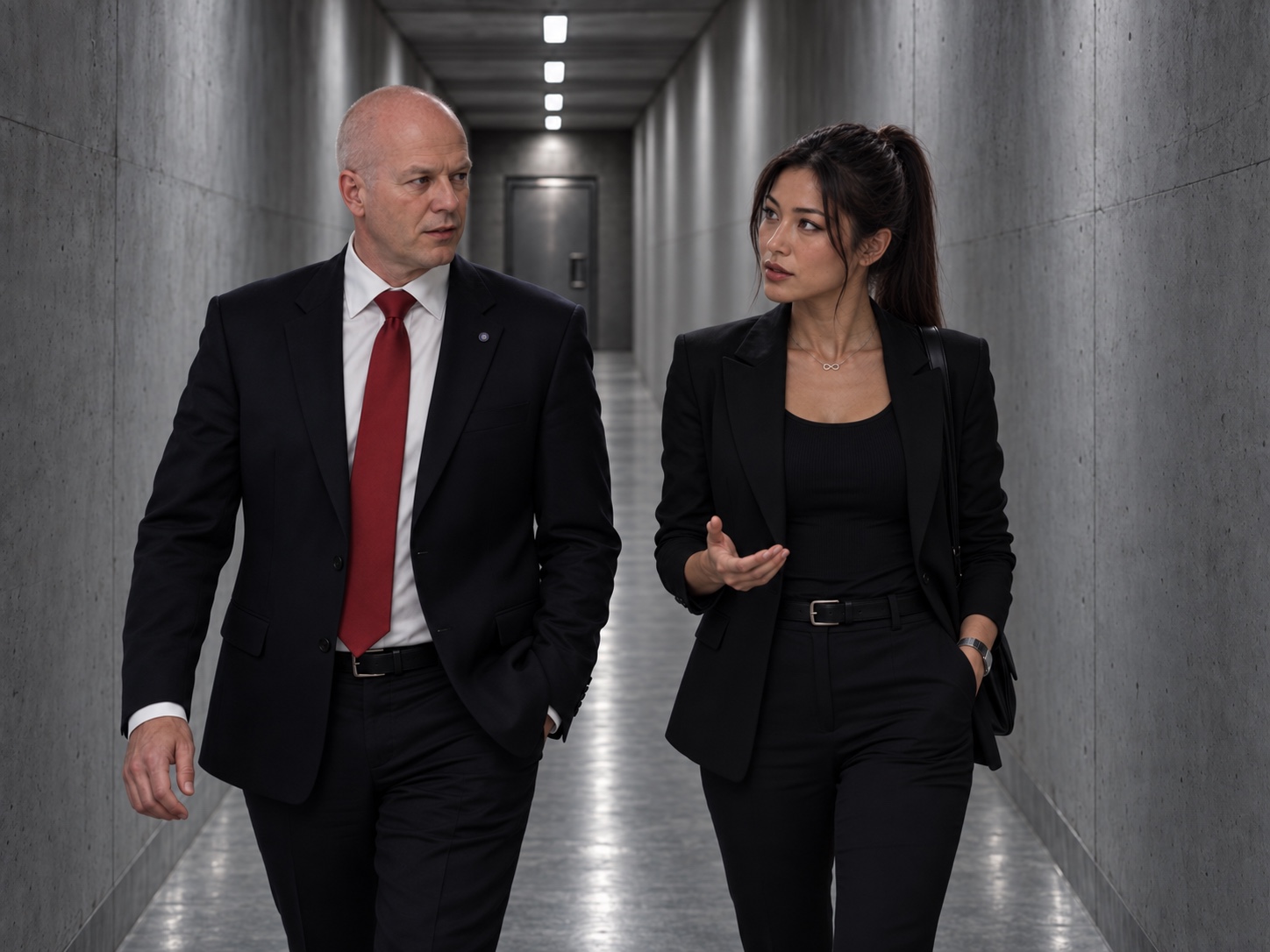 KI-generierte Szene: Robby und Romy gehen im Gespräch durch einen kahlen Betonkorridor mit einer schweren Metalltür im Hintergrund.