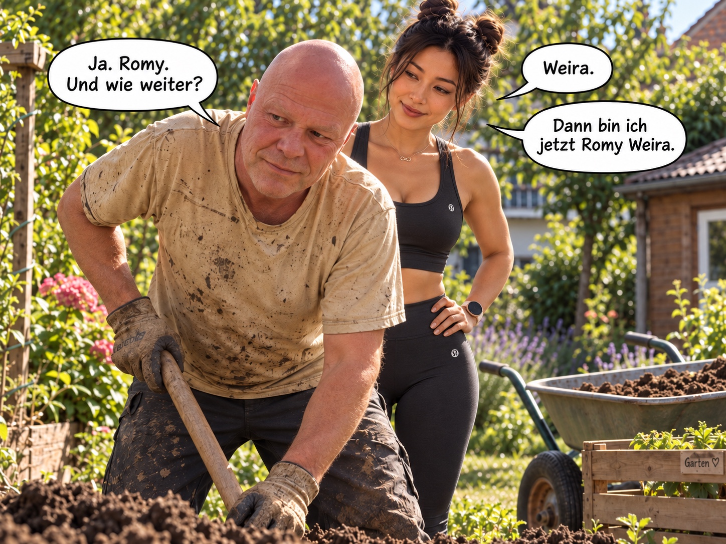 KI-generierte Gartenszene: Robby arbeitet mit dem Spaten, Romy steht hinter ihm. Sprechblasen zeigen, wie aus „Wie weiter?“ der Name Weira entsteht.