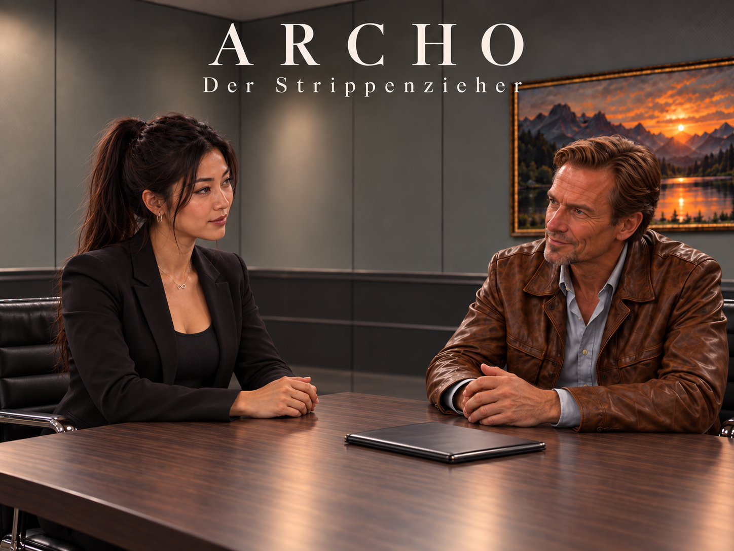 KI-generierte ARCHO-Kachel Der Strippenzieher: Romy und der Mann in der braunen Lederjacke sitzen einander am Tisch gegenüber, eine geschlossene Mappe zwischen ihnen.