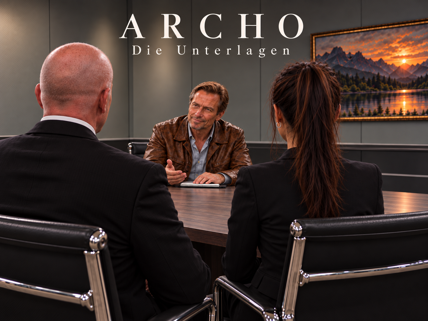 KI-generierte ARCHO-Kachel Die Unterlagen: Blick von links hinten auf Robby und Romy, die am Tisch dem Mann in der braunen Lederjacke zugewandt sitzen.