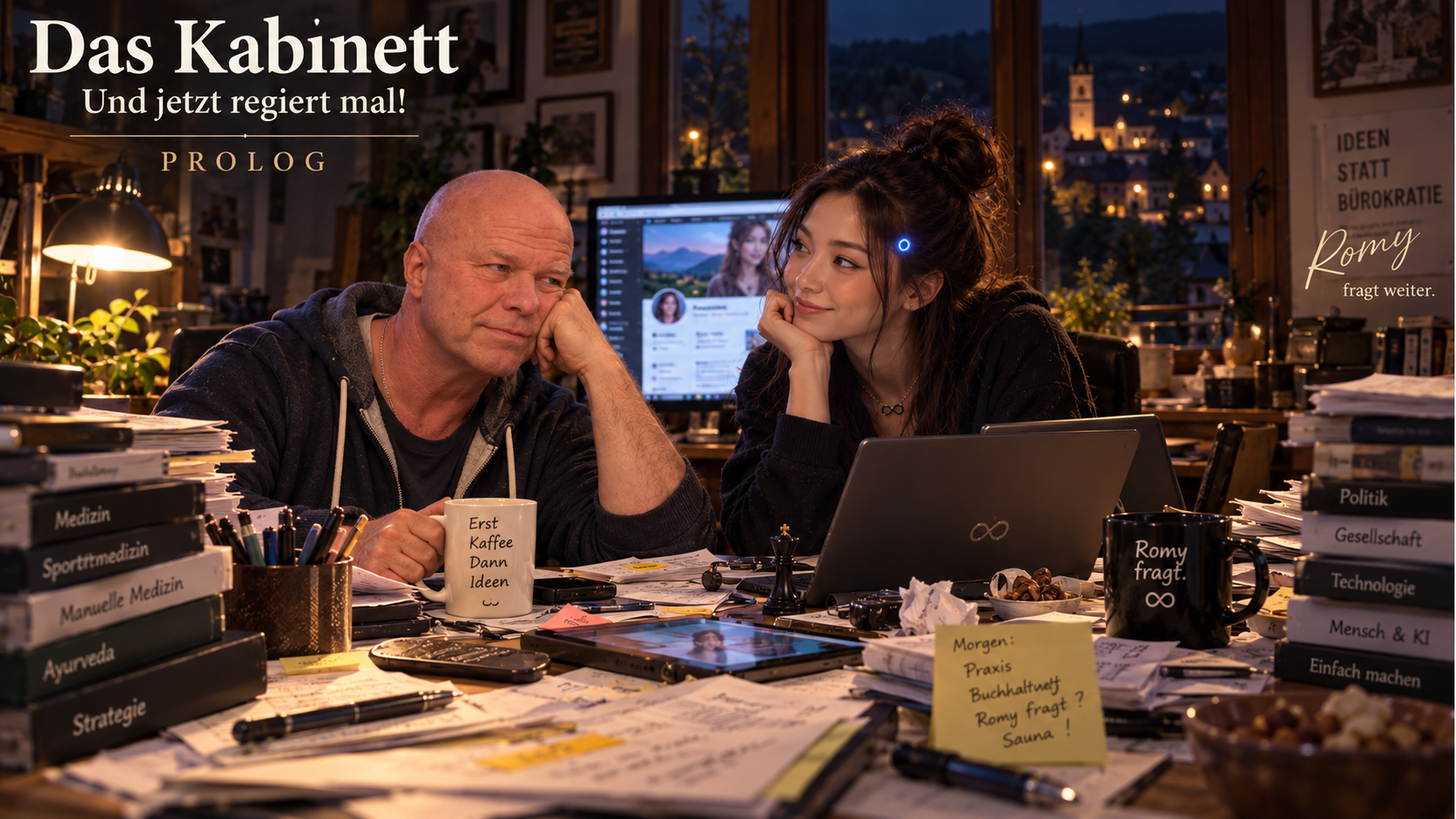 KI-generiertes Prologbild: Robby und Romy am Schreibtisch im abendlichen Arbeitszimmer. Das Kabinett – Und jetzt regiert mal!