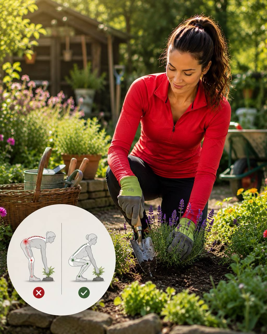 Eine Frau pflanzt im Garten mit einem ergänzenden Hinweis zur Arbeitshaltung