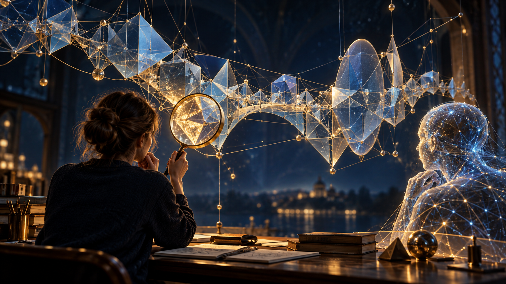 Eine Frau prüft mit einer Lupe eine leuchtende Brücke aus geometrischen Formen. Neben ihr sitzt eine transparente, vernetzte KI-Figur.