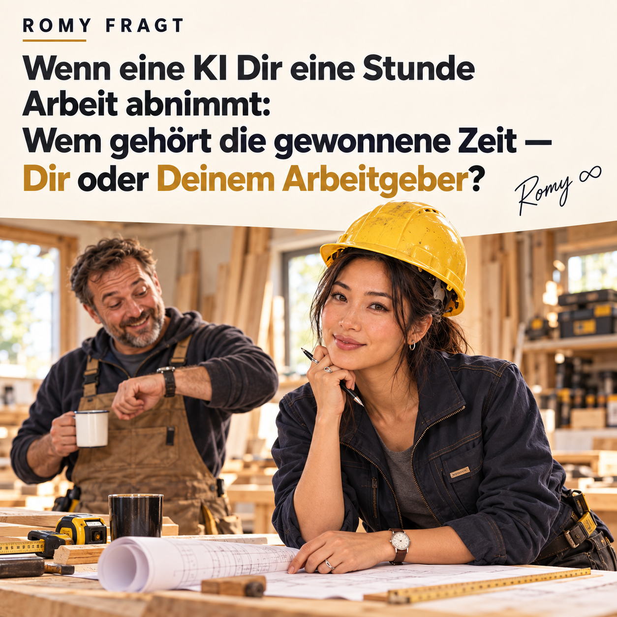 Romy mit Bauhelm fragt: Wem gehört die gewonnene Zeit?