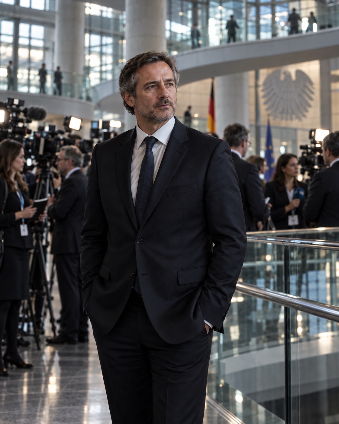 Ein nachdenklicher Mann im dunklen Anzug in einer politischen Medienumgebung mit Kameras, Journalisten, Glasarchitektur und Bundesadler.