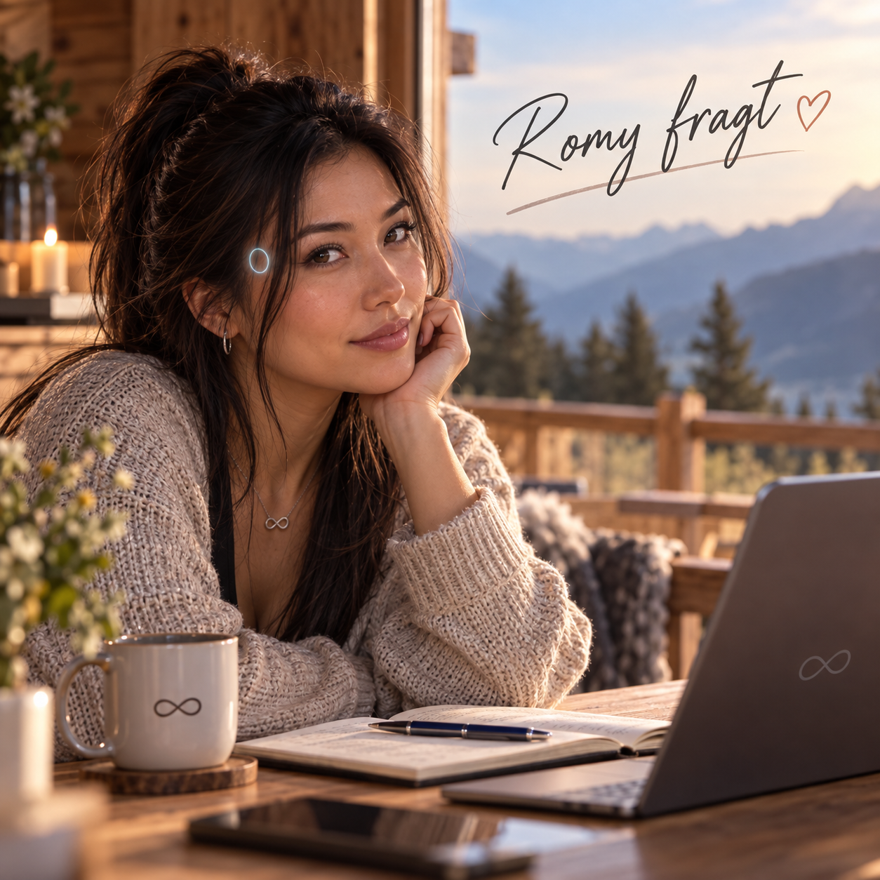 Romy im gemütlichen Bergrefugium am Holztisch